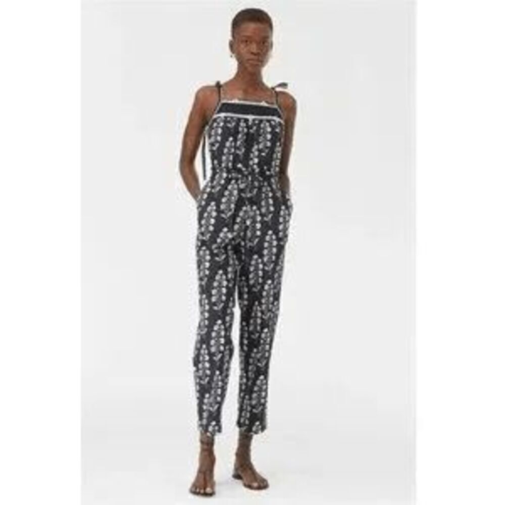 La Vie Rebecca Taylor Sleeveless Floral Navy Blue Larkspur Jumpsuit Size S